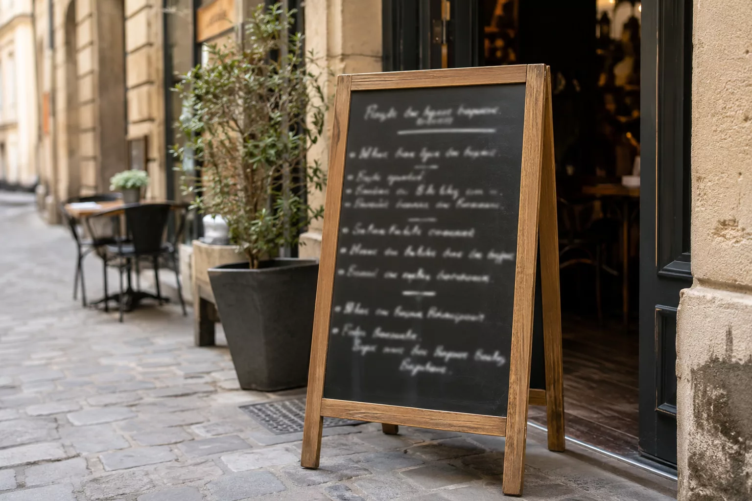 Ardoise du menu du jour écrite à la main devant l'entrée d'un restaurant