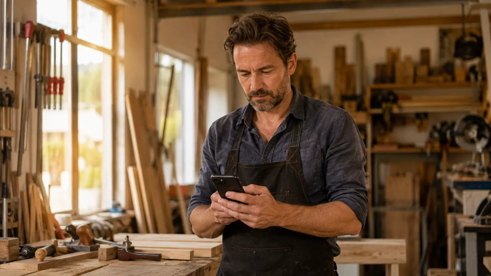 Artisan consultant sa fiche Google d'établissement sur un téléphone dans son atelier