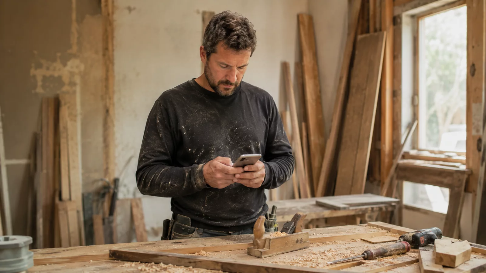 Artisan menuisier consultant son téléphone sur un chantier au milieu de ses outils
