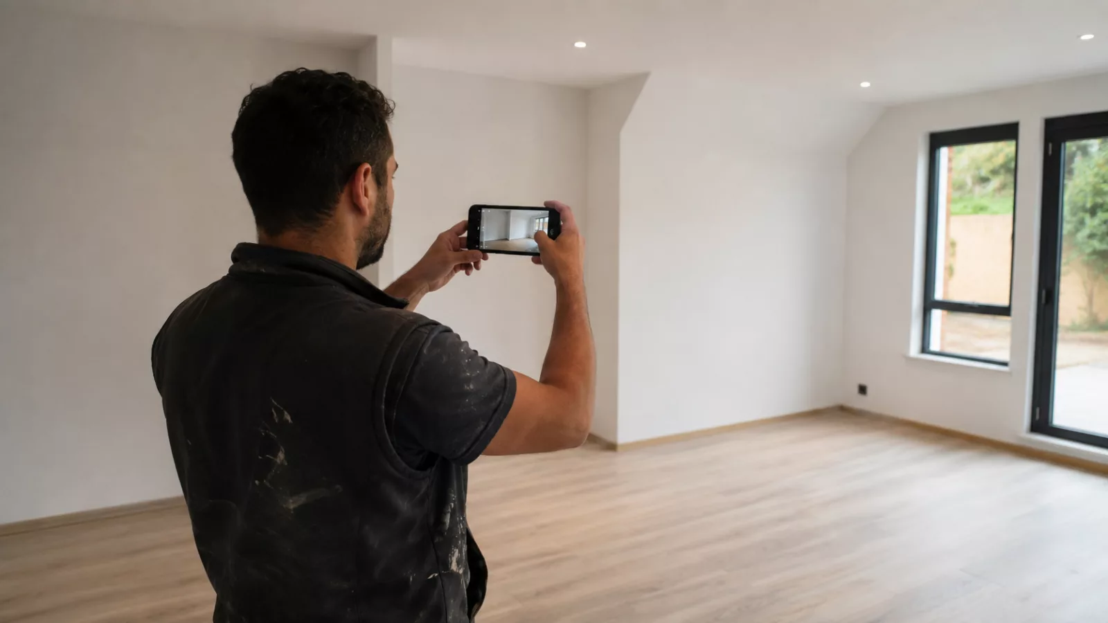 Artisan photographiant son chantier terminé avec son téléphone
