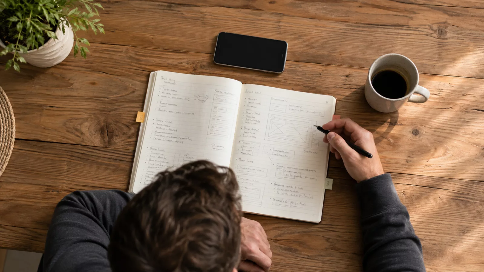 Artisan préparant les documents de son projet de site internet sur une table