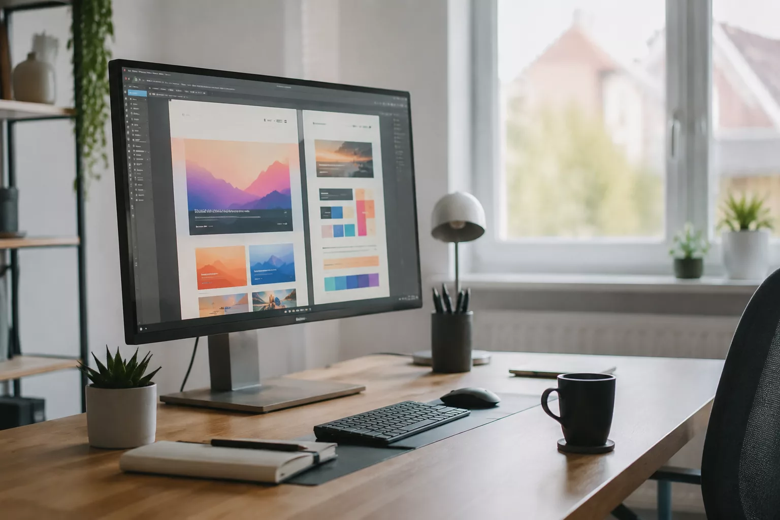 Bureau d'un webmaster indépendant, écran affichant une maquette de site internet
