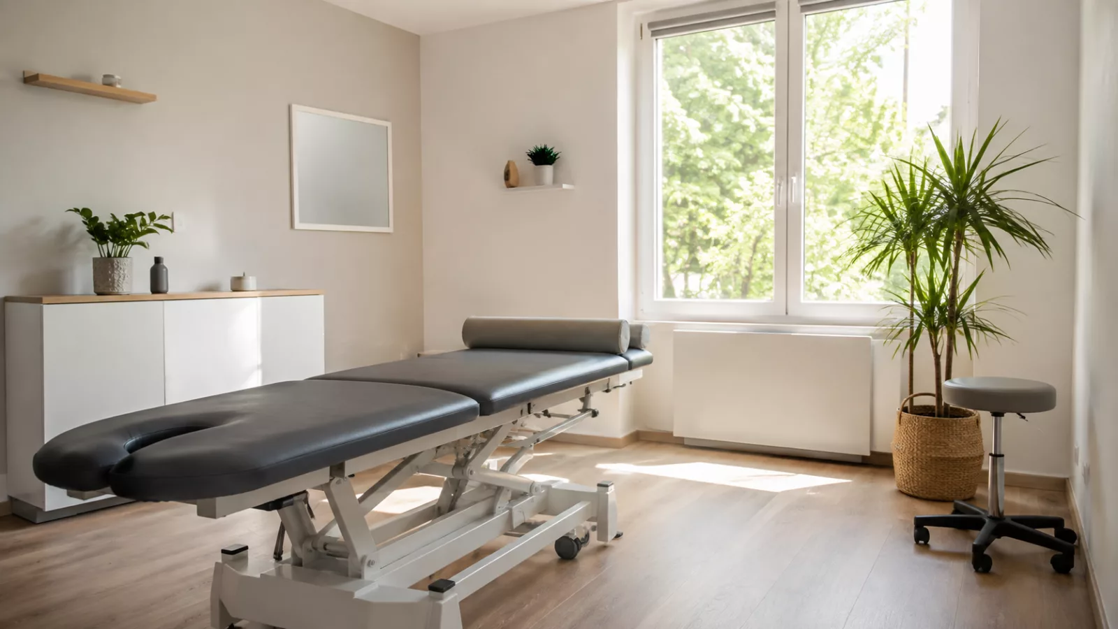 Cabinet d'ostéopathie clair et sobre avec une table de soin et une fenêtre