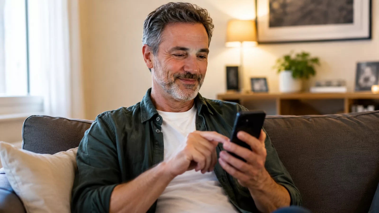 Client laissant un avis sur son téléphone après une intervention à domicile