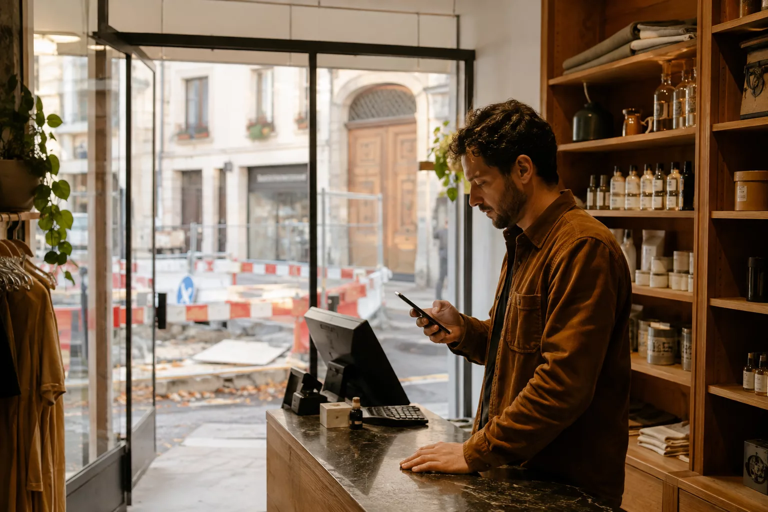 Commerçant consultant son site internet sur un téléphone dans sa boutique pendant des travaux