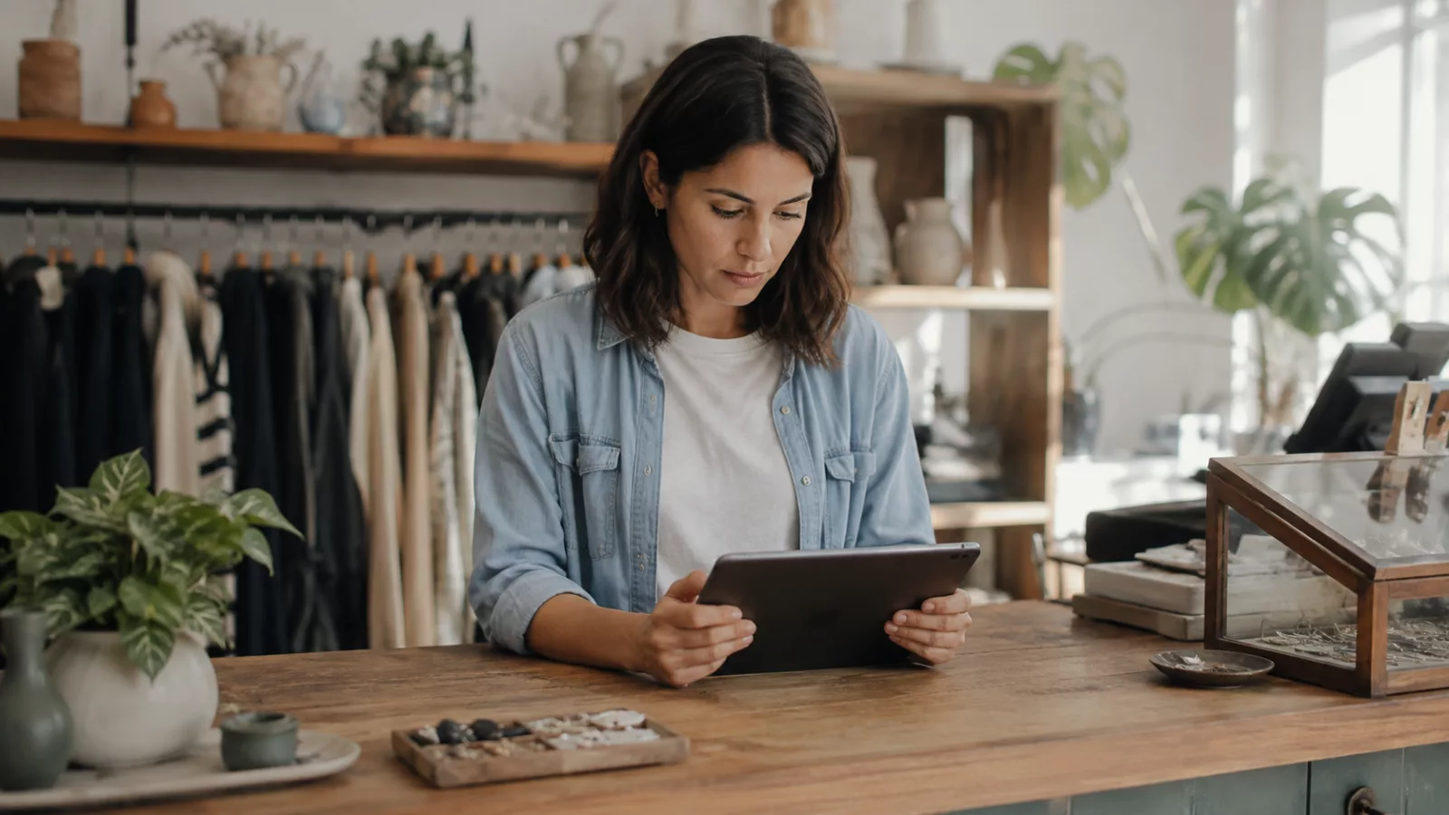 Commerçante consultant sa page Facebook professionnelle sur une tablette derrière son comptoir