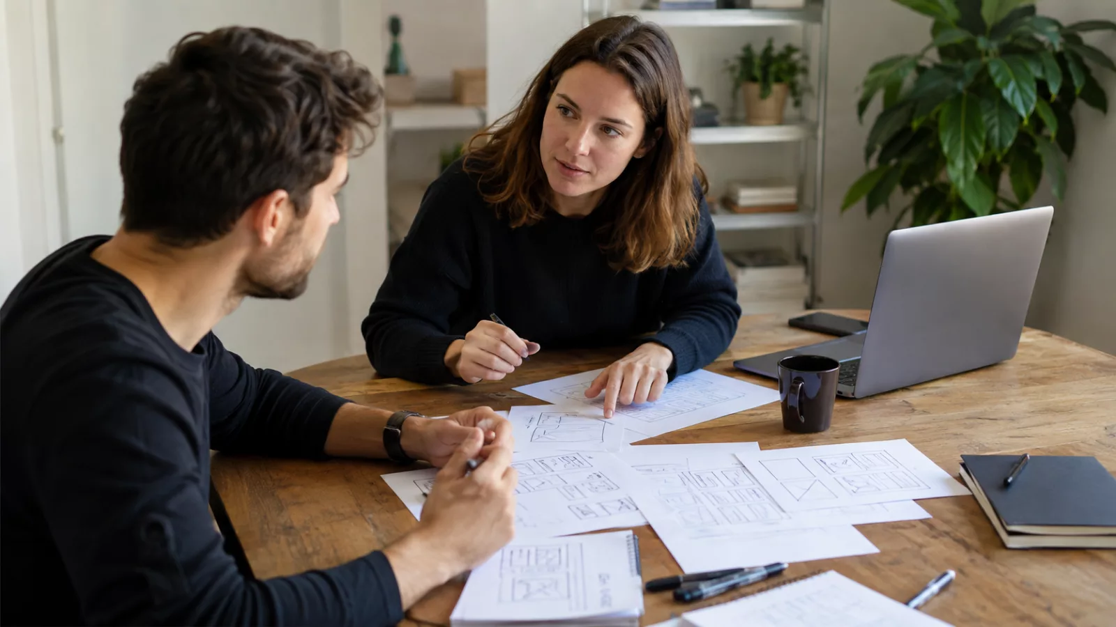 Deux personnes discutant d'un projet de site internet autour d'une table couverte de croquis papier