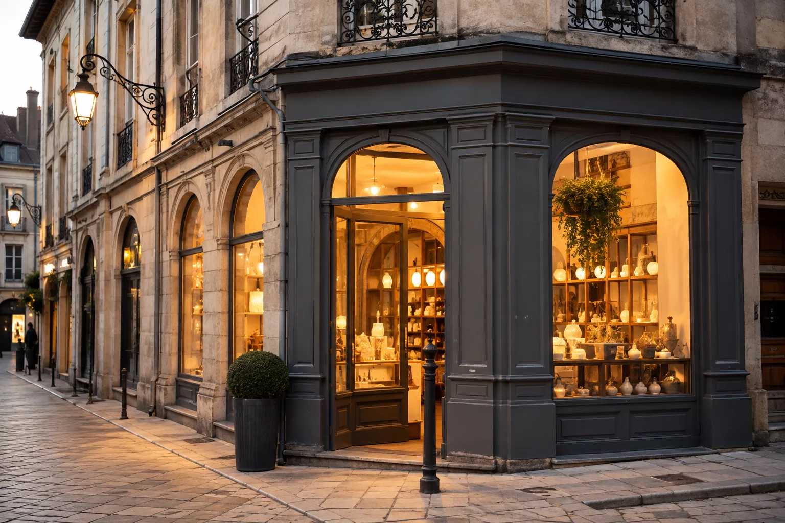 Devanture de commerce éclairée dans une rue du centre de Nancy