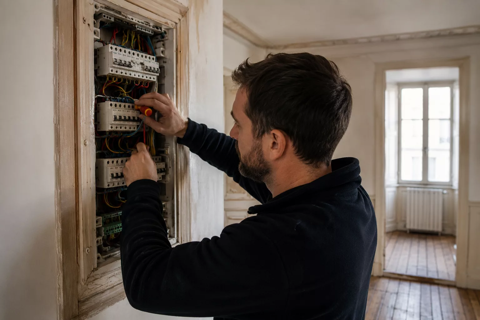 Électricien intervenant sur un tableau électrique dans un appartement ancien