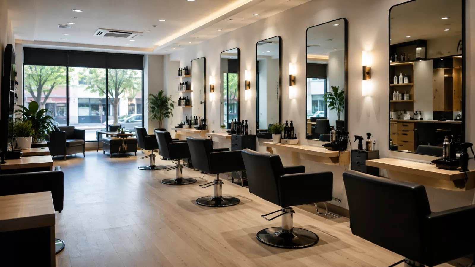 Intérieur lumineux d'un salon de coiffure avec fauteuils et miroirs alignés