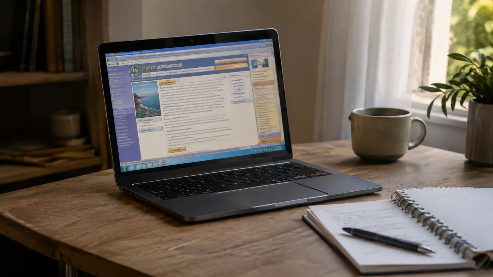 Ordinateur portable affichant un site internet ancien à côté d'un carnet de notes