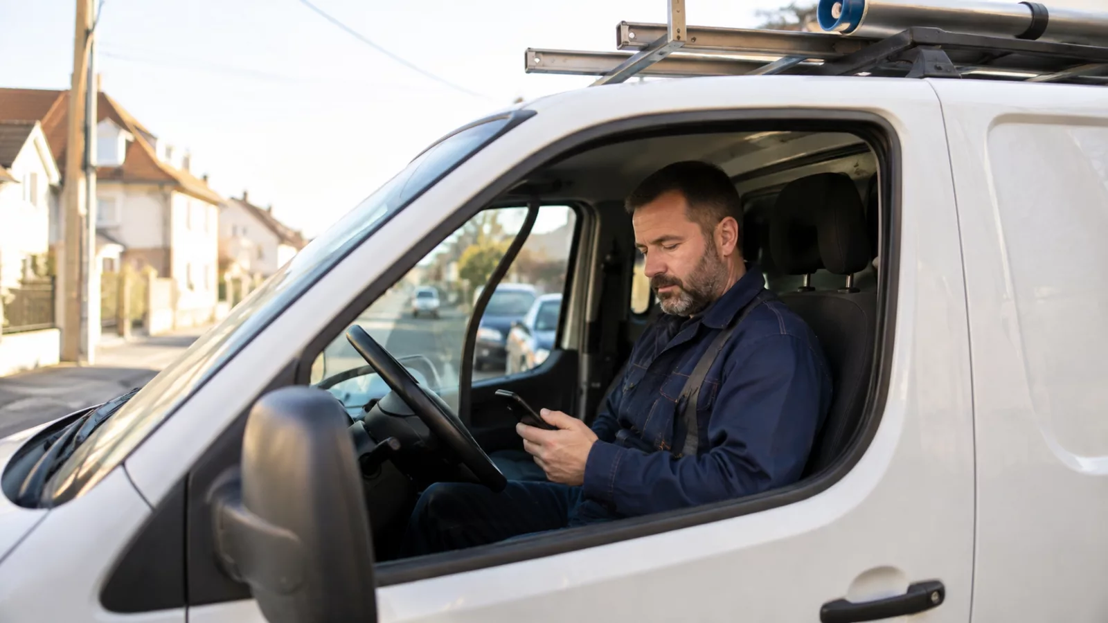 Plombier consultant son téléphone dans une camionnette d'intervention garée dans une rue résidentielle