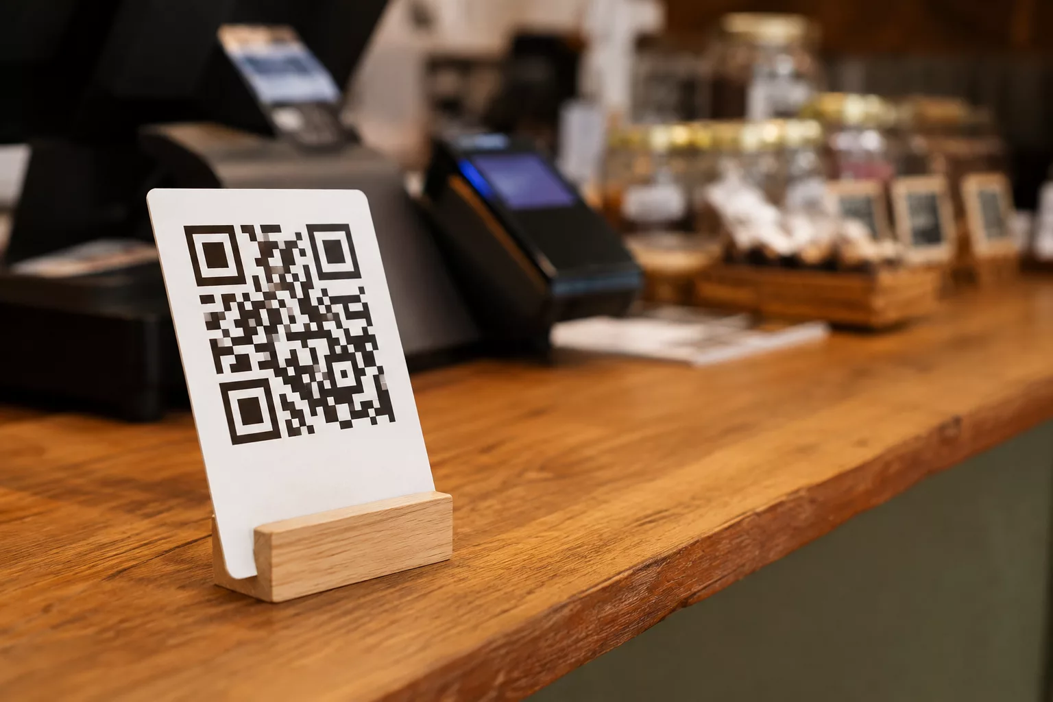 QR code vers la fiche Google collé sur le comptoir d'un commerce