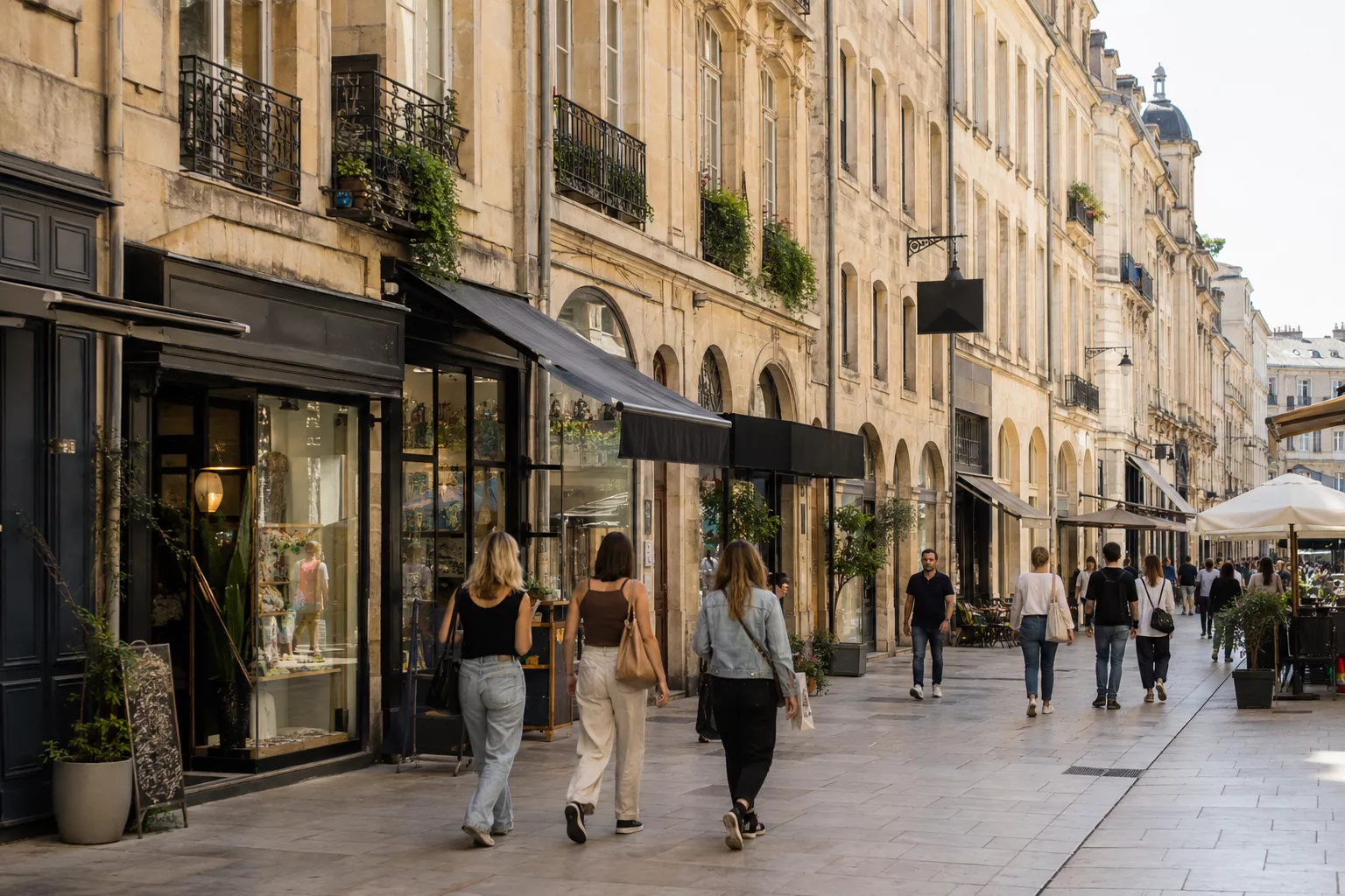 Rue commerçante du centre de Nancy avec plusieurs devantures de commerces indépendants