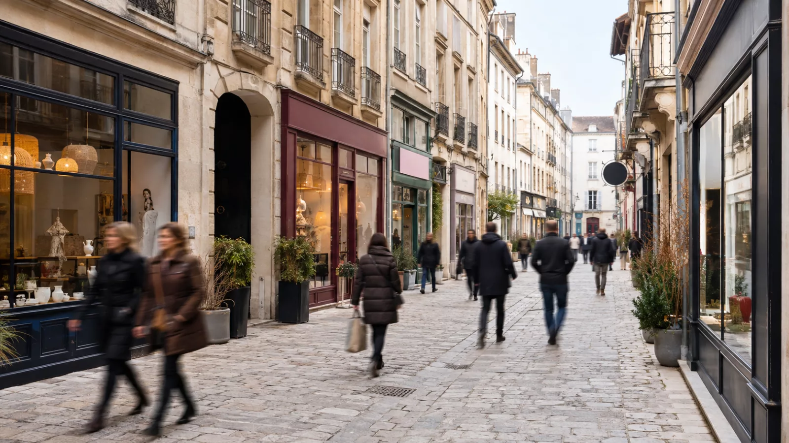 Rue piétonne commerçante du centre de Nancy avec plusieurs vitrines de commerces indépendants