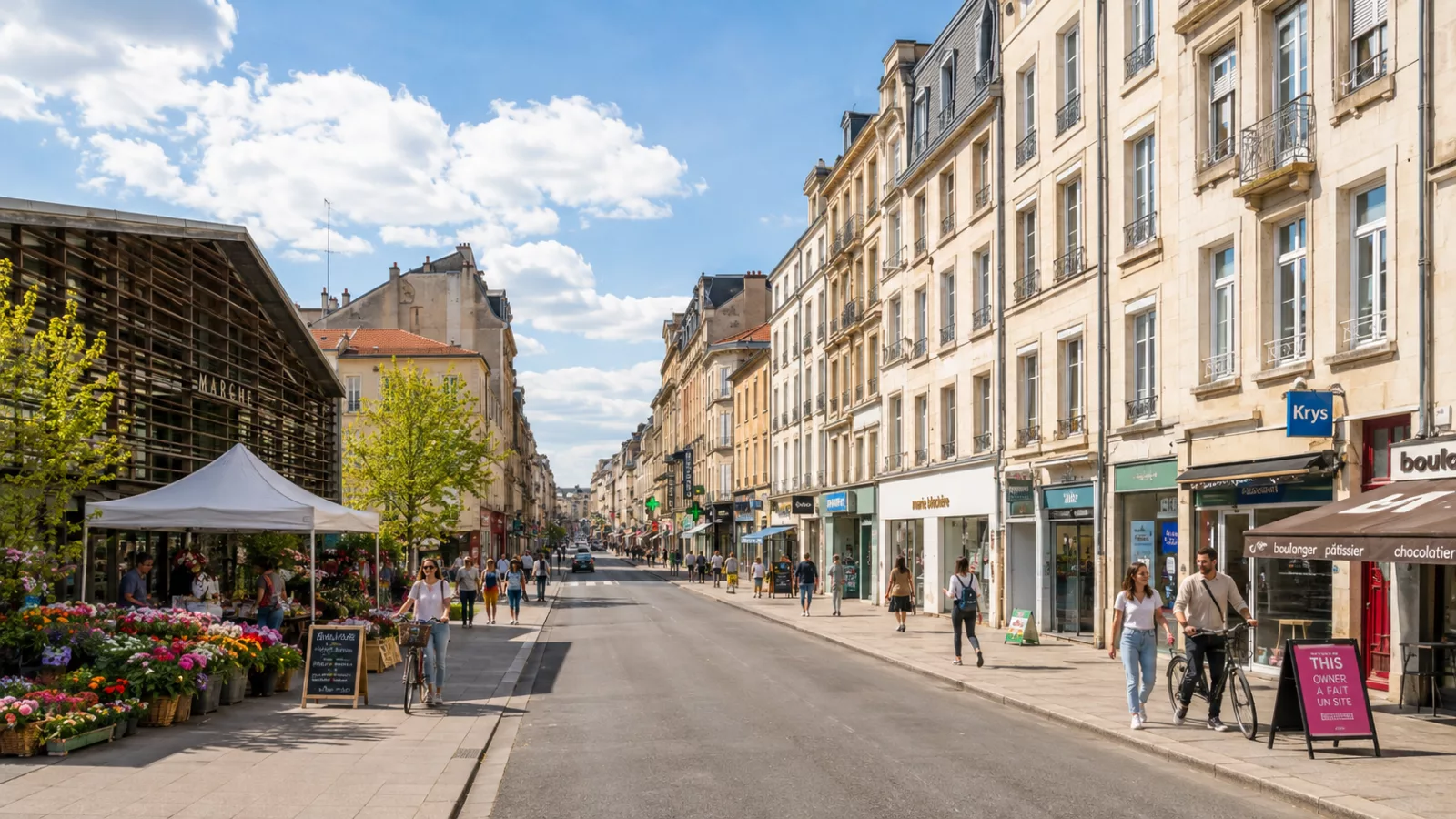 Rue Saint-Dizier à Nancy avec ses commerces et ses façades entre place Stanislas et place Charles III
