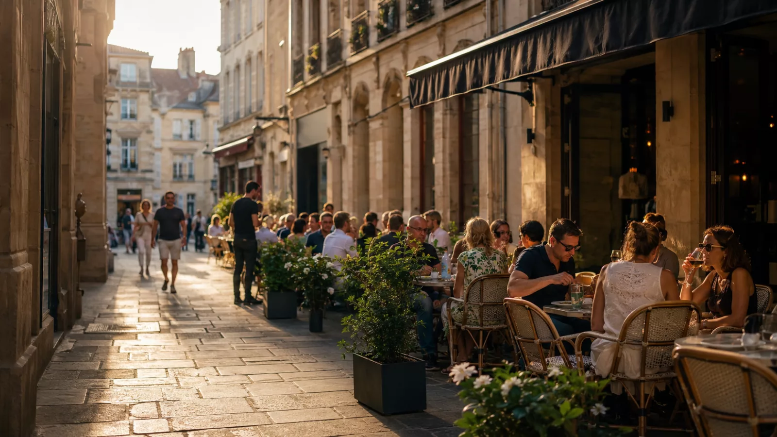 Terrasse de restaurant animée dans une rue du centre-ville de Nancy en fin d'après-midi