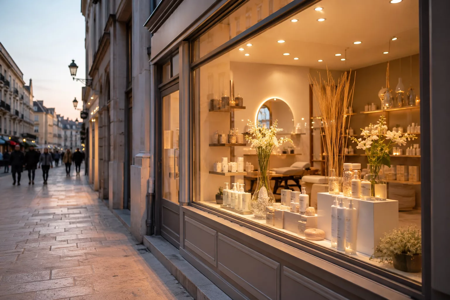 Vitrine éclairée d'un institut de beauté dans une rue piétonne du centre de Nancy